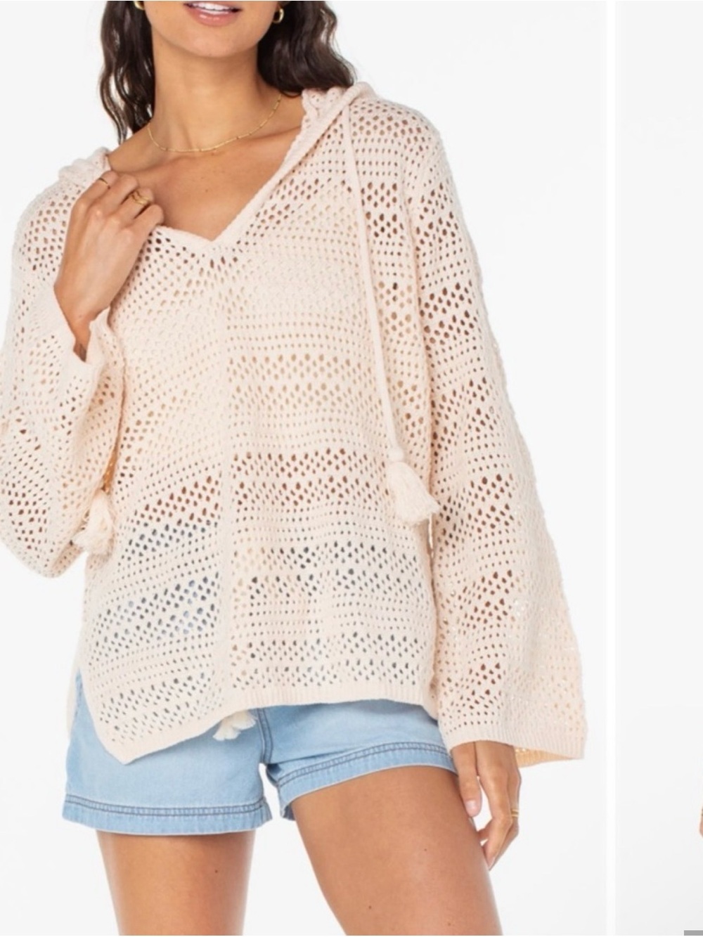 ROXY Summer Nights Crochet Hoodie PulloverSweater Cream Open Knit Boho Small